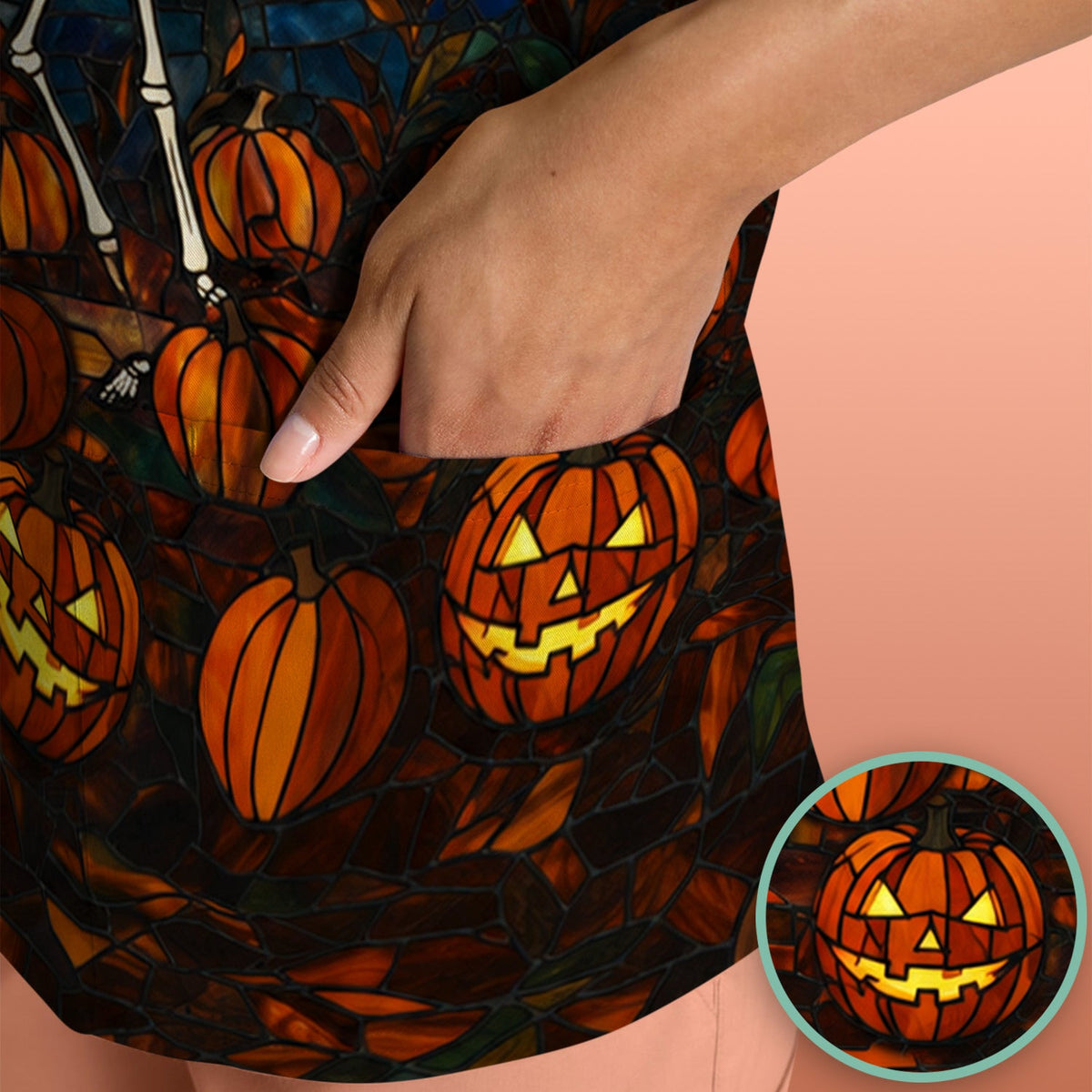 Skeleton Pumpkin Patch Nurse Scrub Top - Halloween Gift