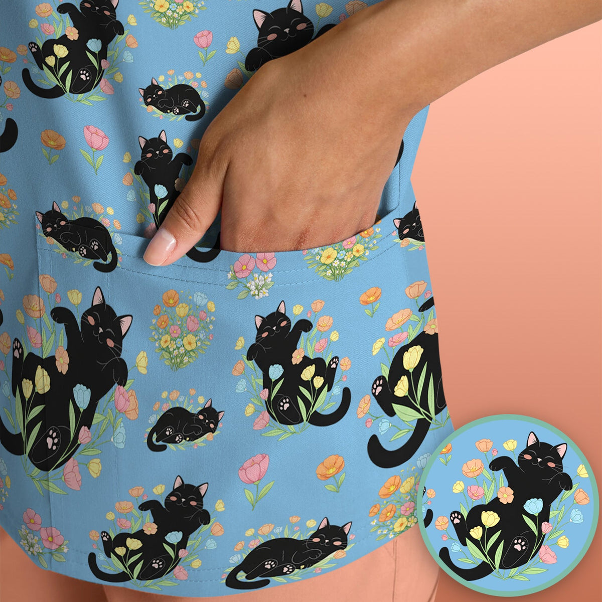 Cats Cute Poses Floral Nurse Scrub Top