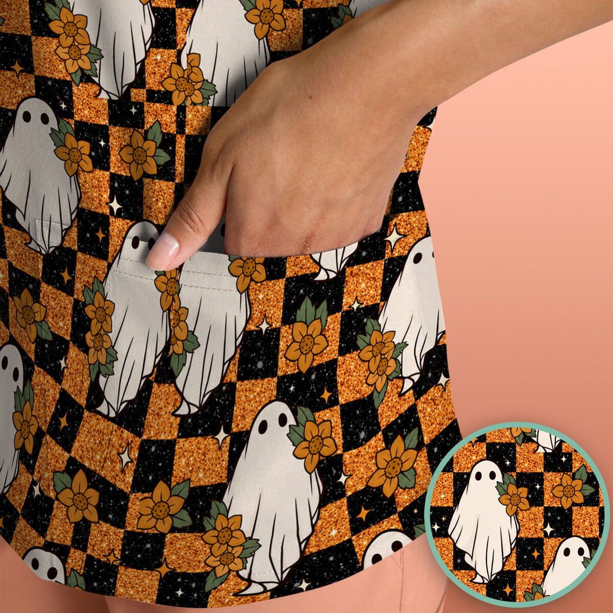 Spooky Ghost Checkerboard Nurse Scrub Top