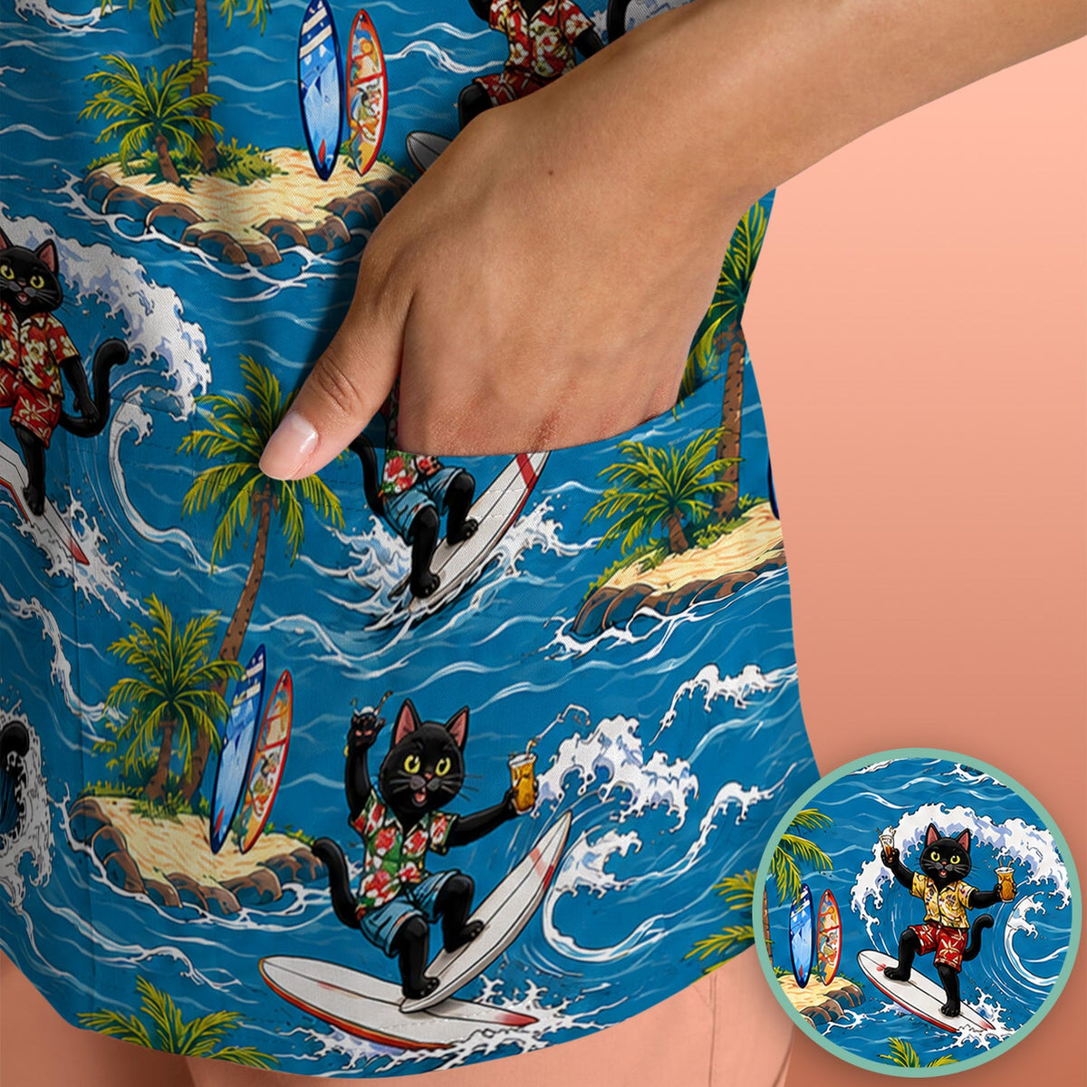 Tropical Black Cat Surfer Island Nurse Scrub Top