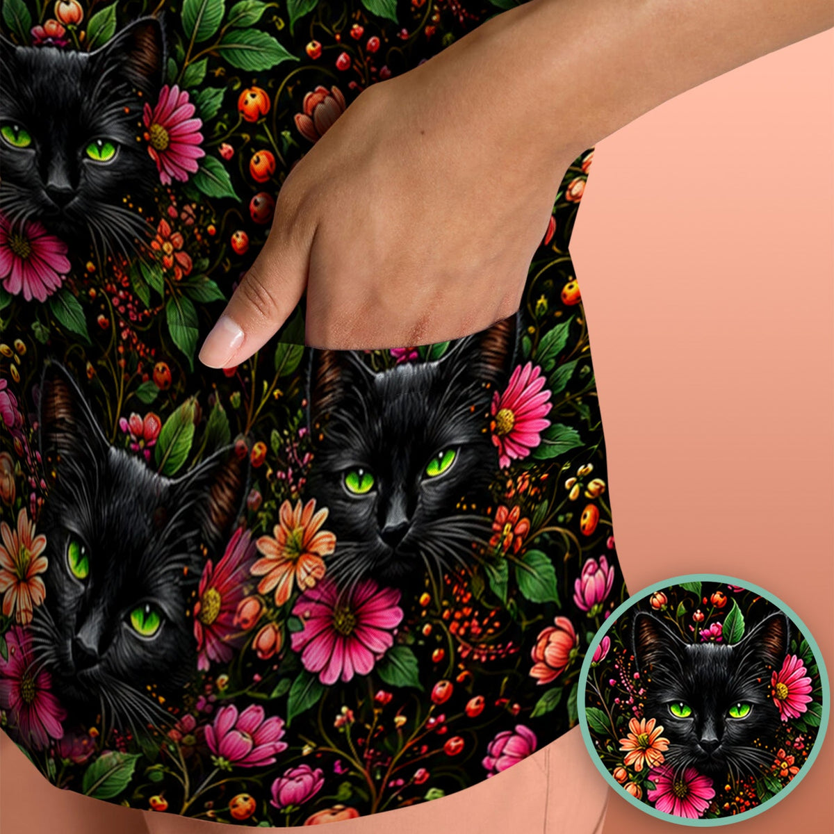 Adorable Black Cat Blossom Nurse Scrub Top