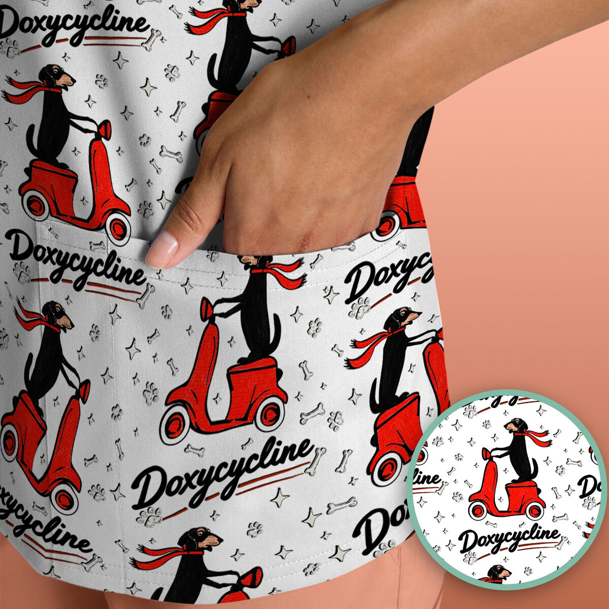 Funny Dachshund Riding Scooter Doxycycline Print Scrub Top ,Comfortable Scrubs for Nurses