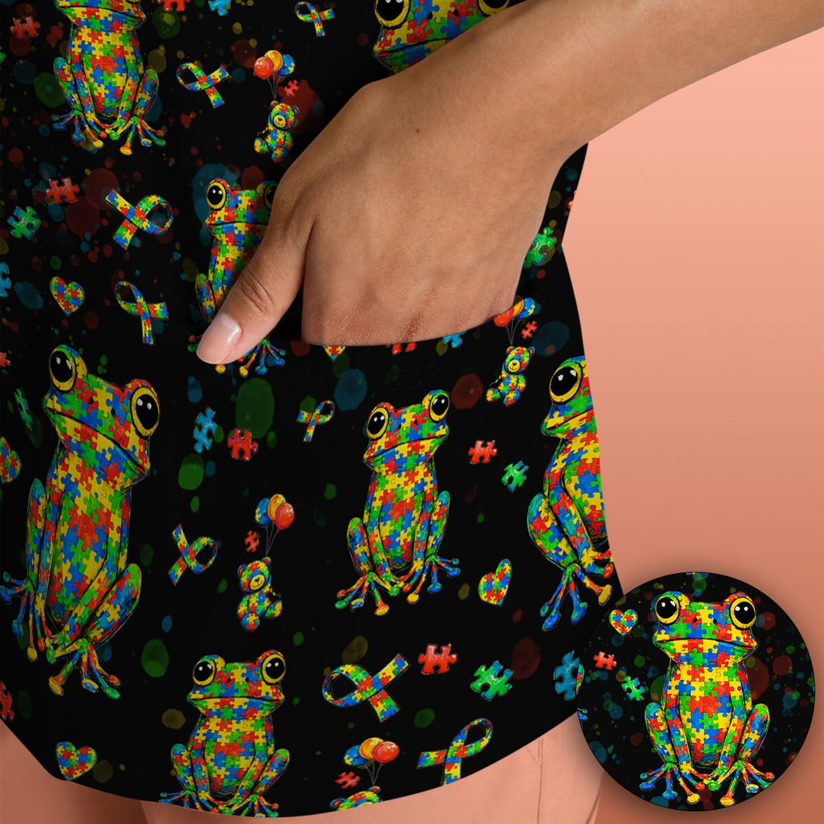 Colorful Autism Puzzle Frog Nurse Scrub Top