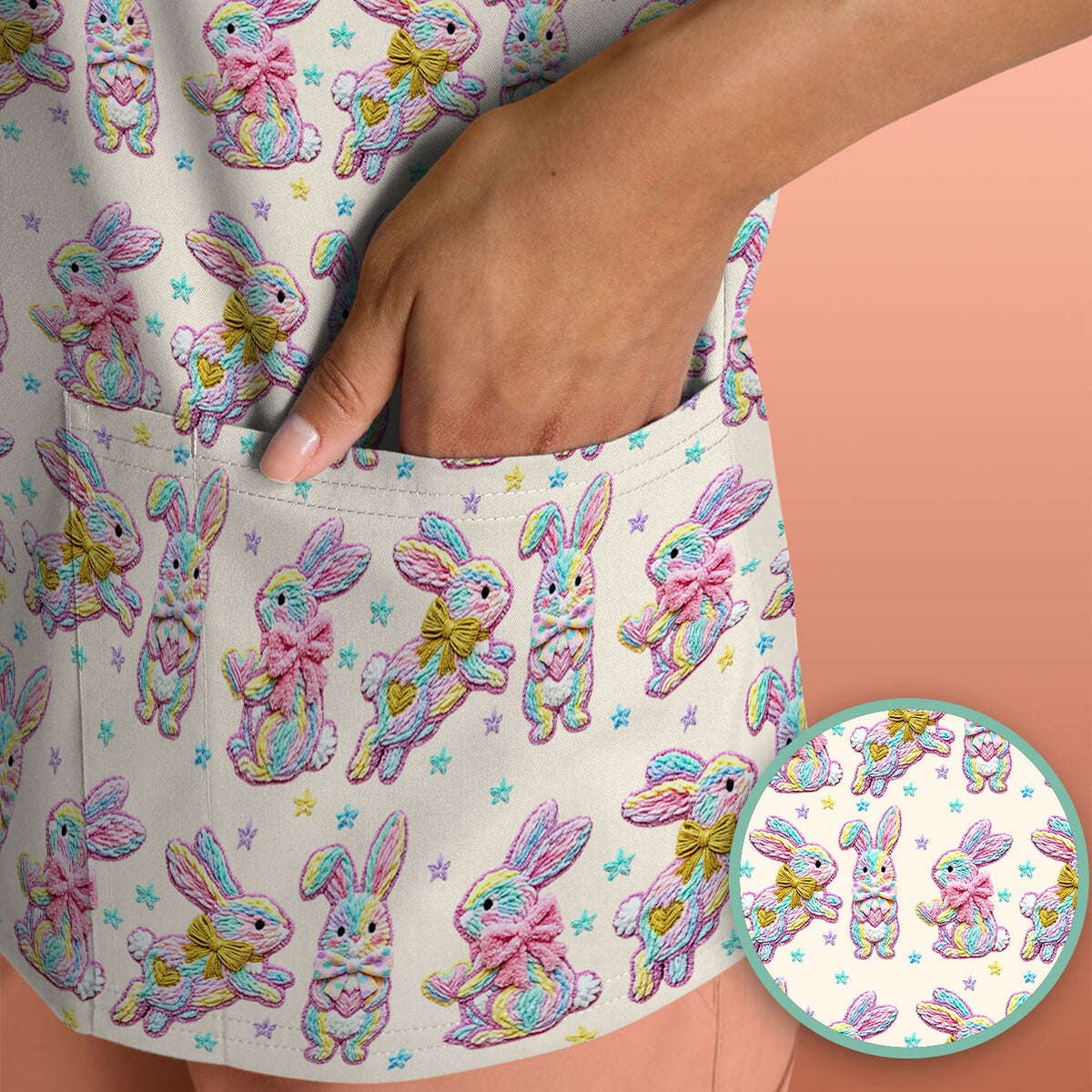 Cartoon Bunny Nurse Scrub Top - Easter Gift