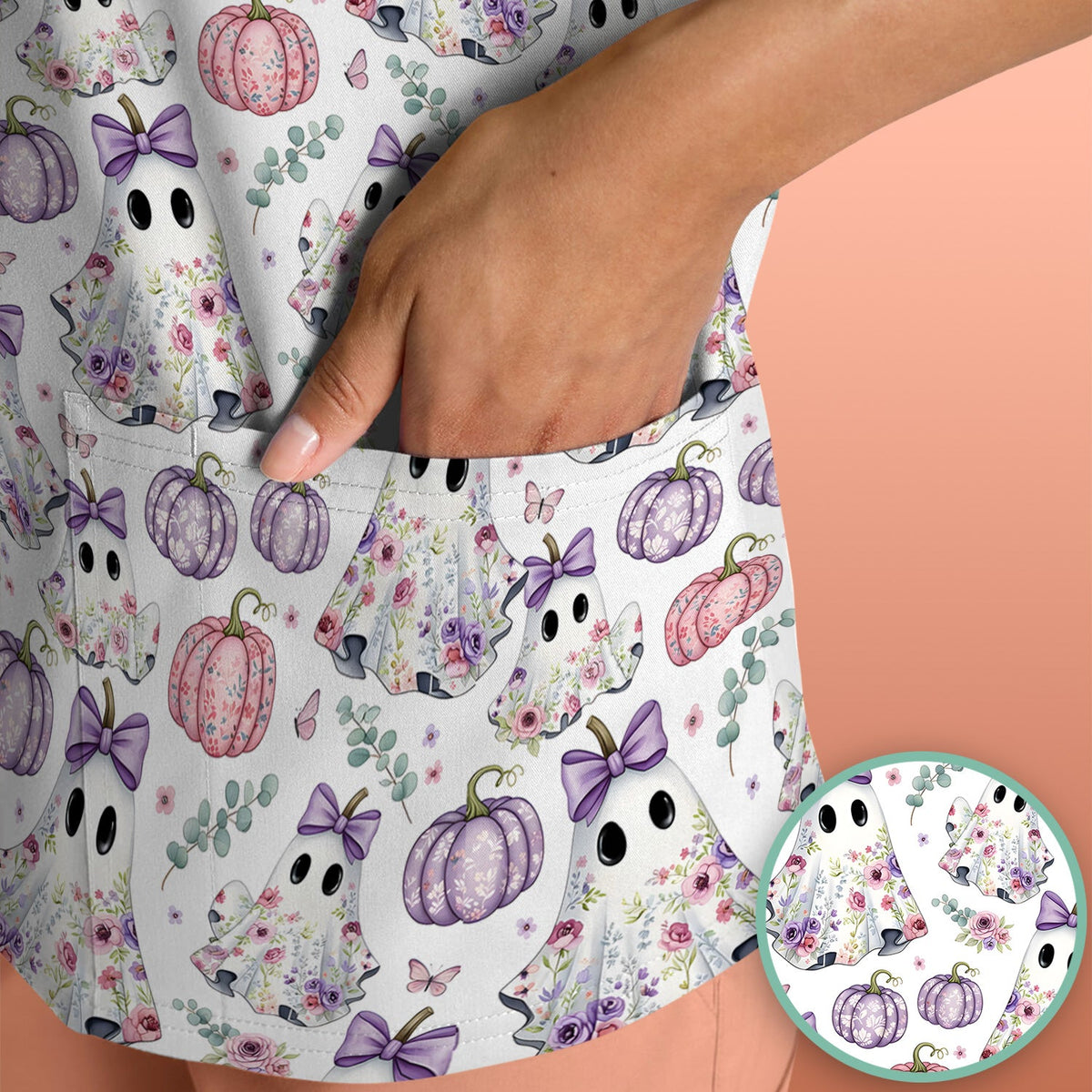 Floral Ghost Pumpkin Nurse Scrub Top