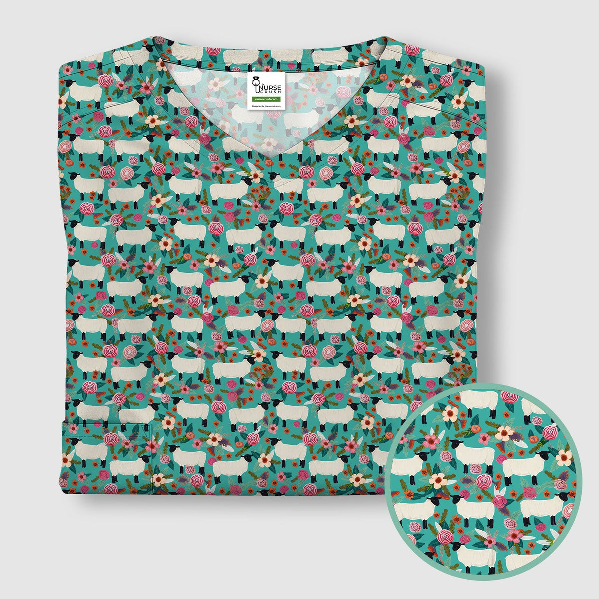 Sheep Floral Meadow Nurse Scrub Top
