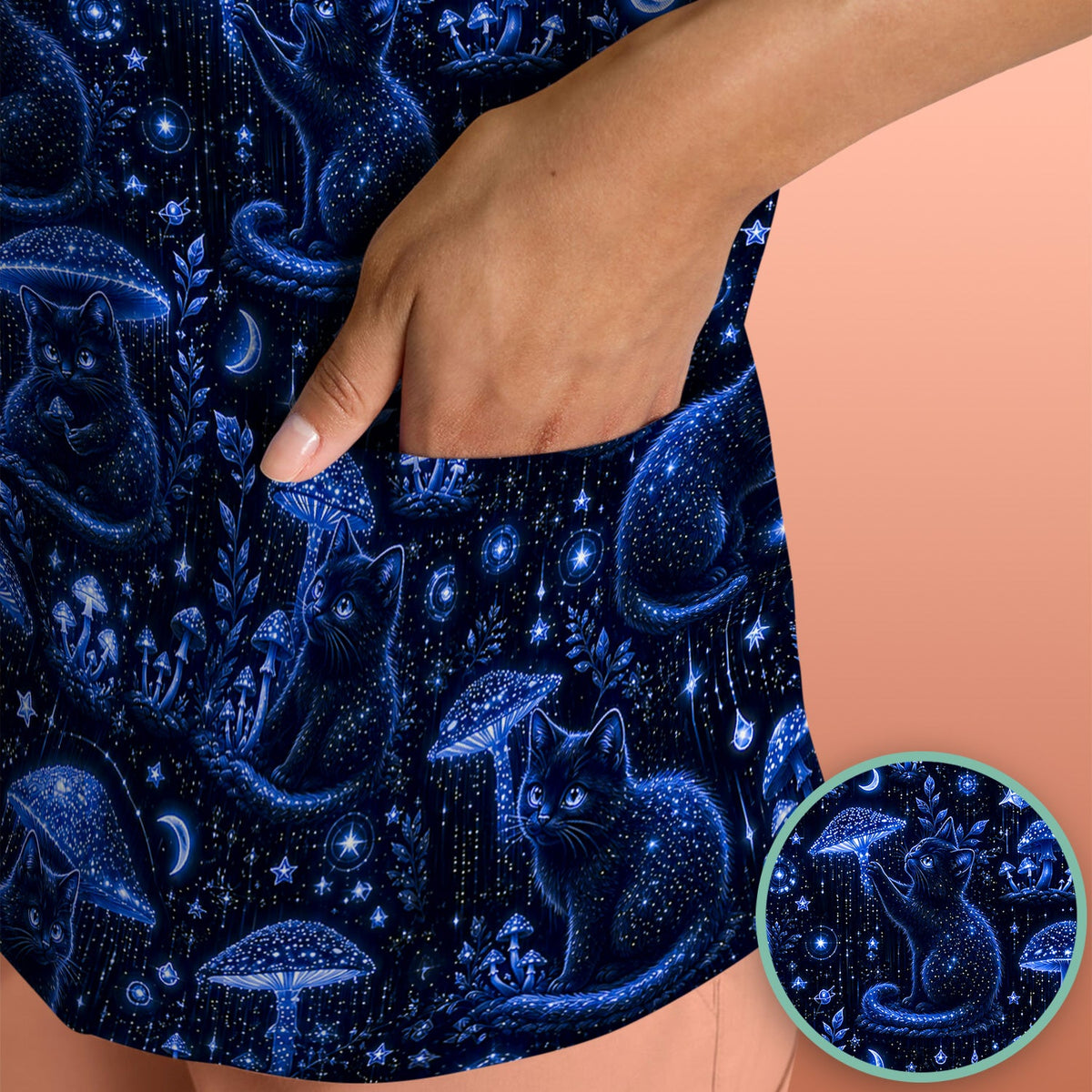 Celestial Black Cat Mushroom Nurse Scrub Top