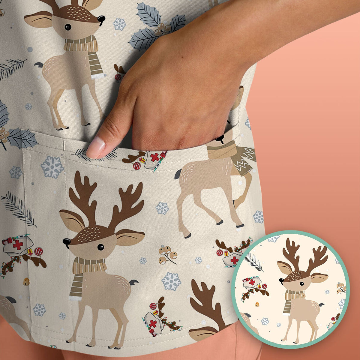 Reindeer Christmas Scrub Top - Cozy Beige Holiday Nurse Shirt with Cute Deer Pattern - Festive Medical Scrubs for Women RN CNA LPN