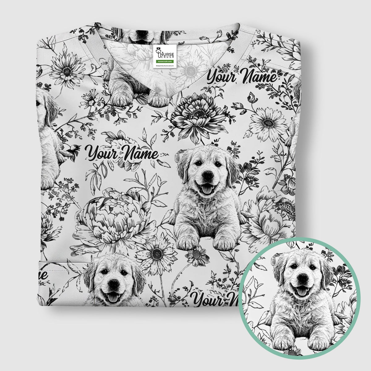 Personalized Pet Photo Floral Nurse Scrub Top