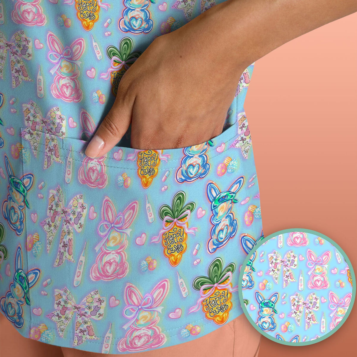 Bunny Carrot Bow Nurse Scrub Top - Easter Gift