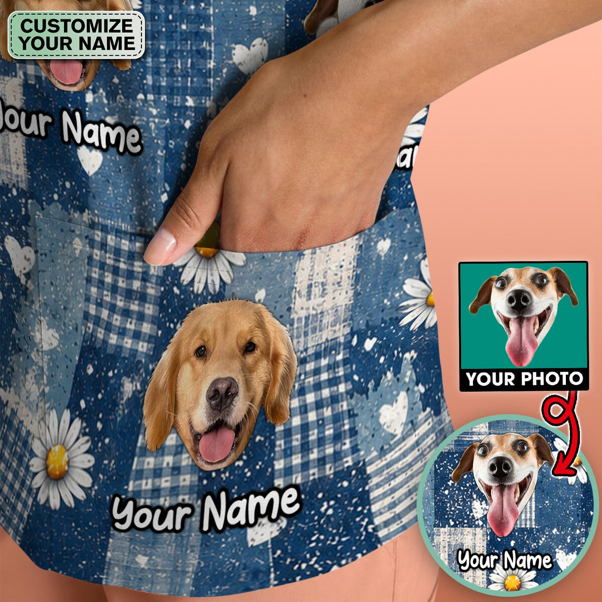 Personalized Dog Photo Patchwork Daisy Nurse Scrub Top