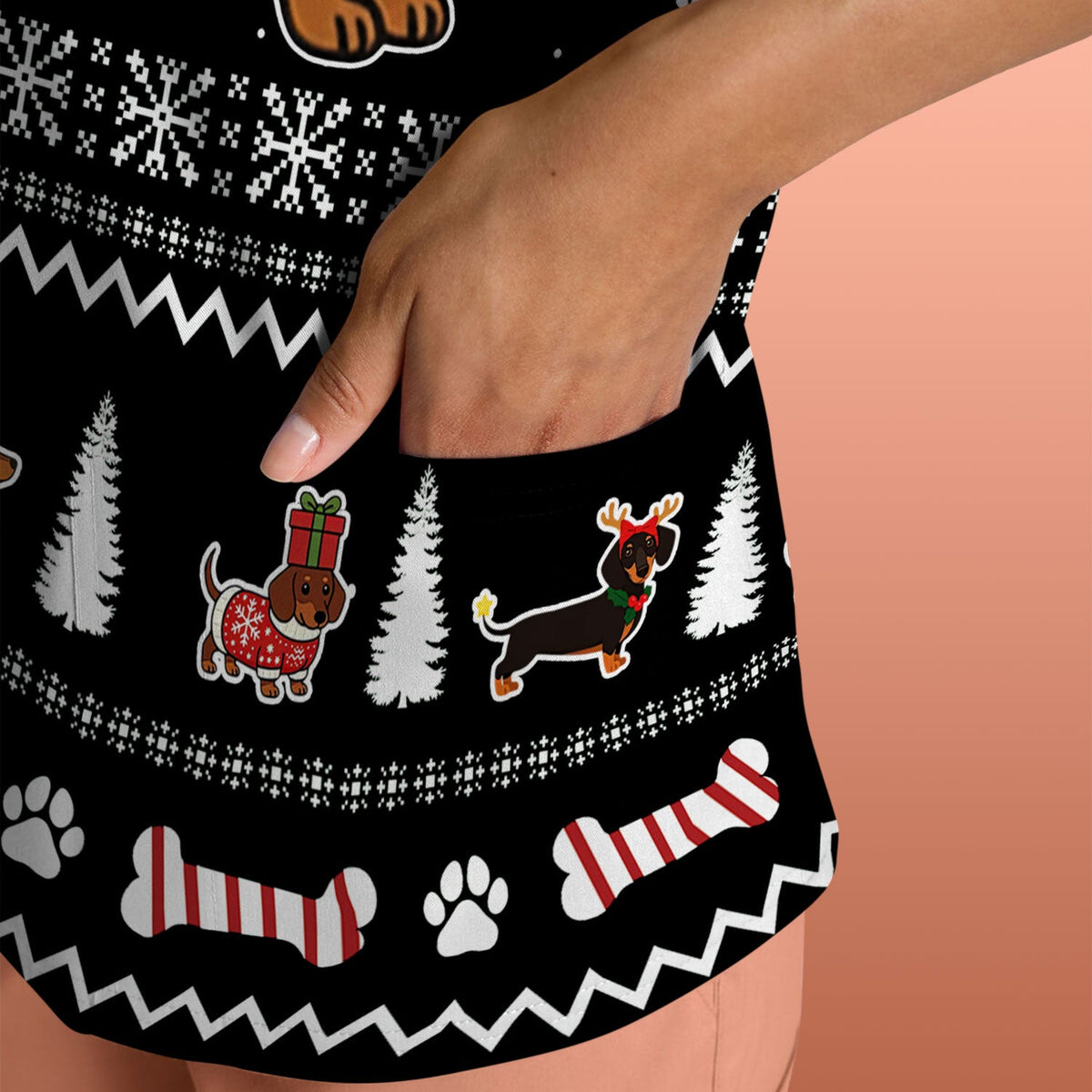 Christmas Dachshund Nurse Scrub Top for Women - Cute Sausage Dog Wearing Lights - Funny Holiday Medical Shirt Gift for RN CNA LPN