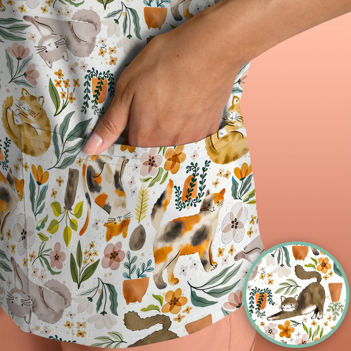 Cat Wildflower Garden Nurse Scrub Top