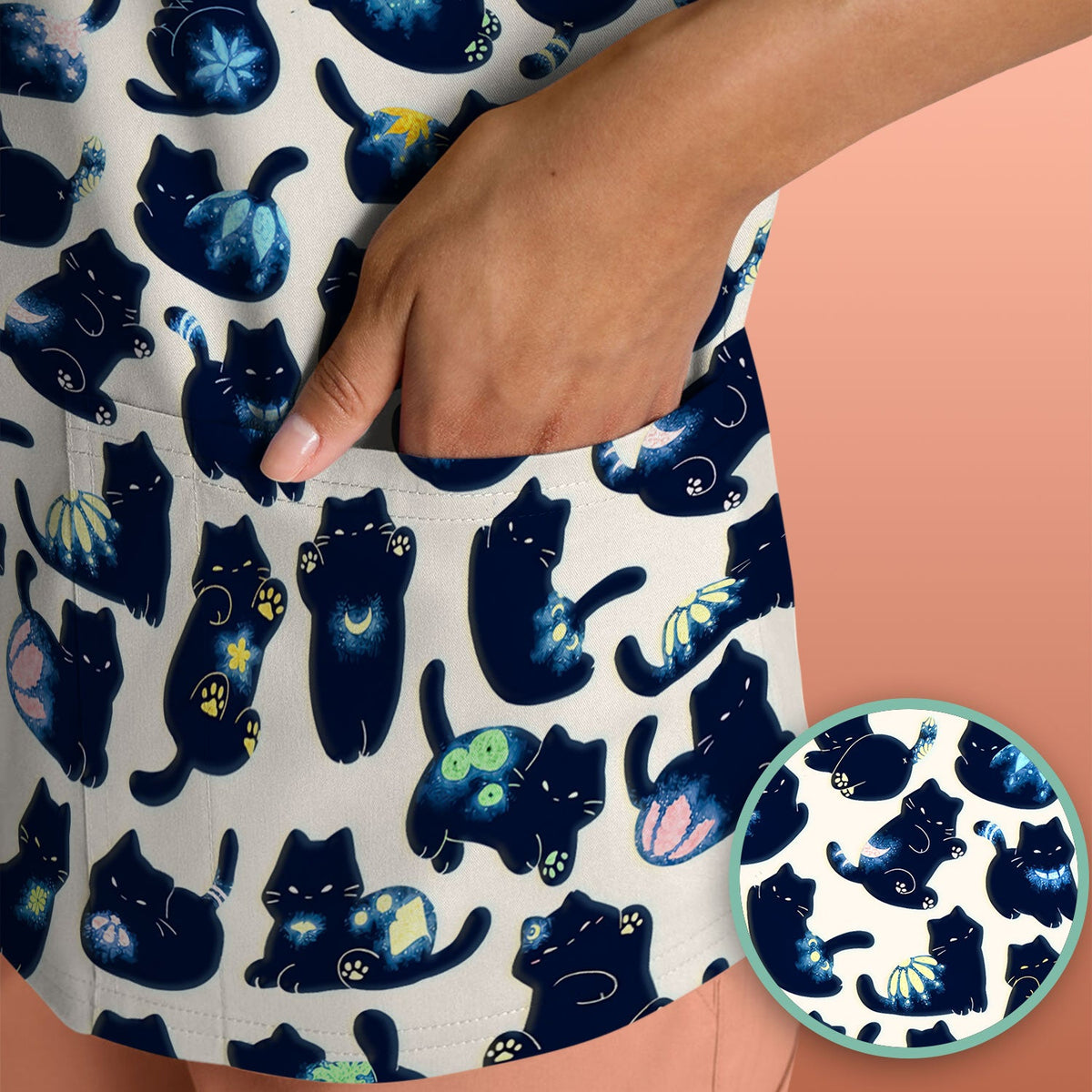 Midnight Black Cat Nurse Scrub Top