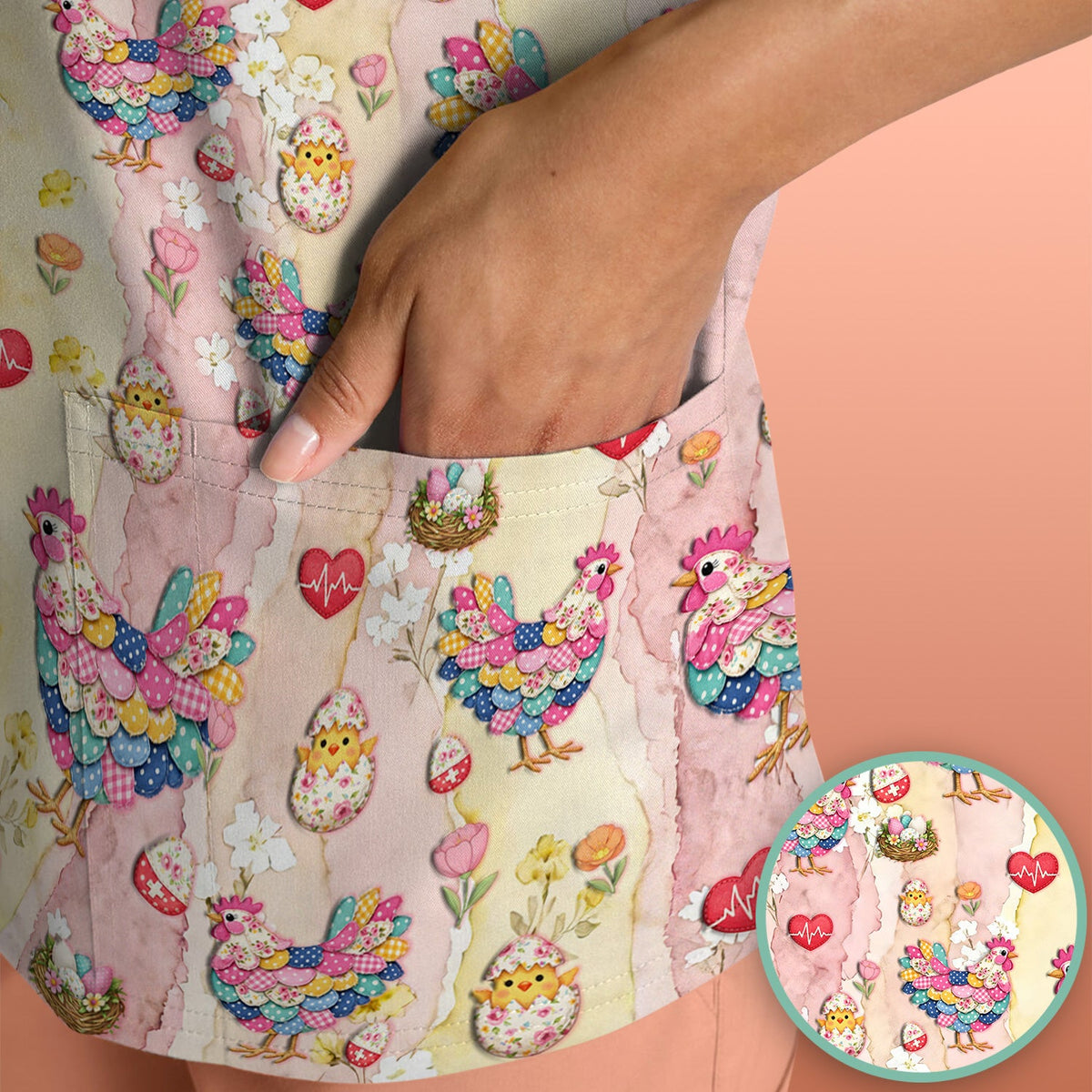 Colorful Chicken Easter Eggs Heart Nurse Scrub Top