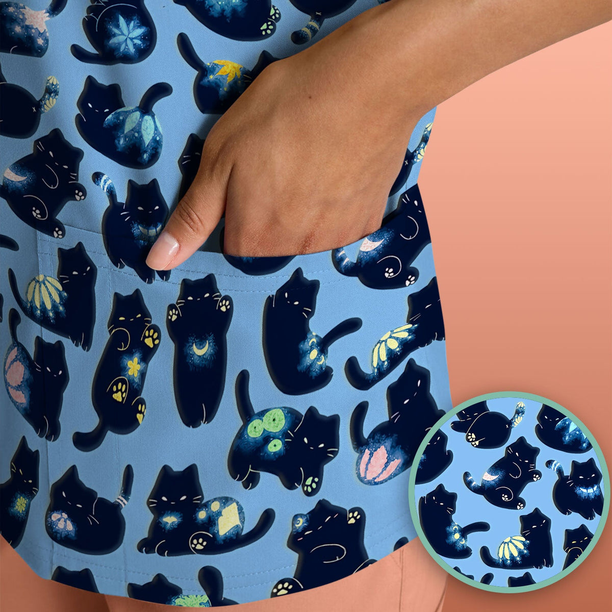 Midnight Black Cat Nurse Scrub Top