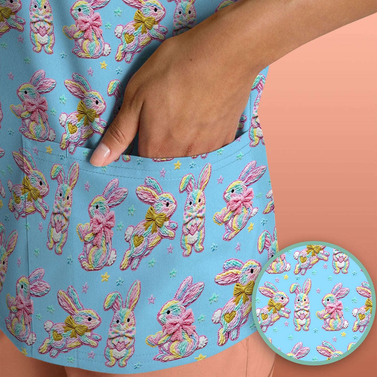 Cartoon Bunny Nurse Scrub Top - Easter Gift