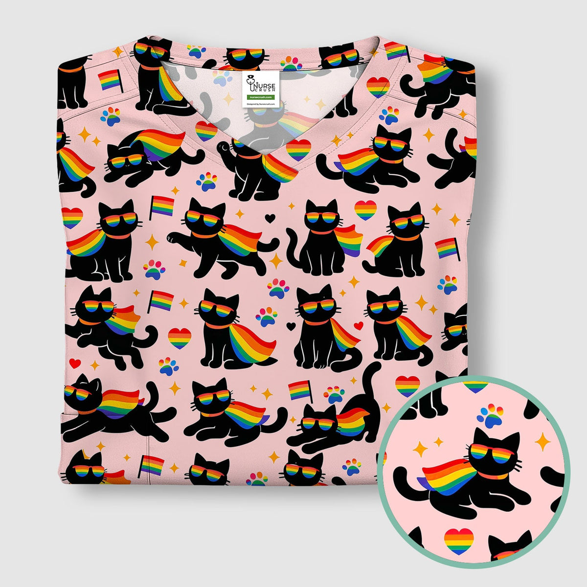 Rainbow Black Cat Pride Nurse Scrub Top