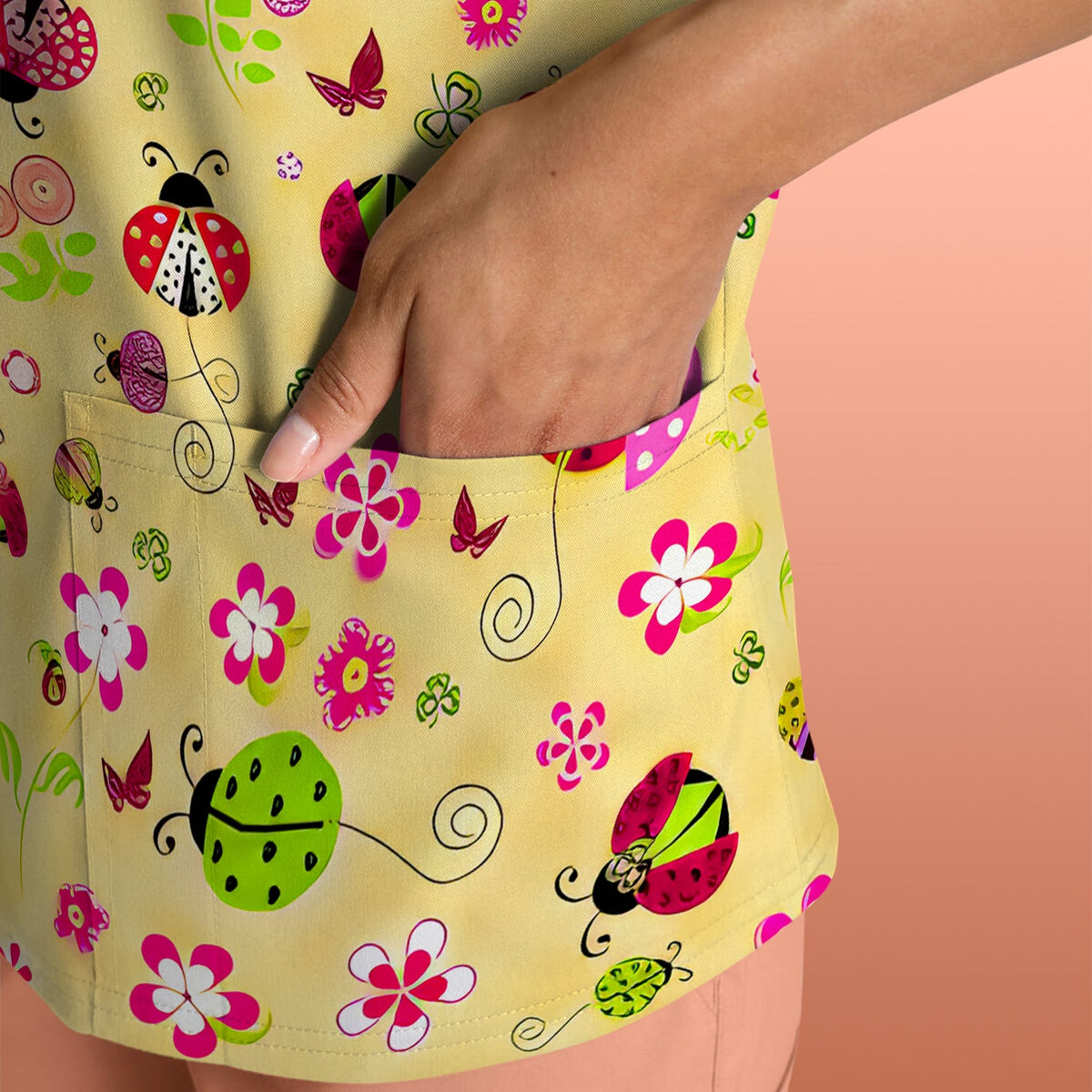 Yellow Ladybug Floral Garden Pattern Scrub Top, Breathable Fabrics Nursing Uniform