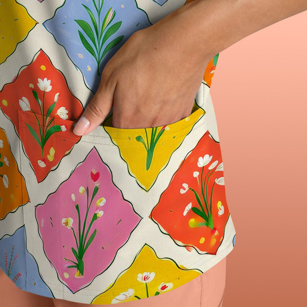 Colorful Floral Tile Nurse Scrub Top