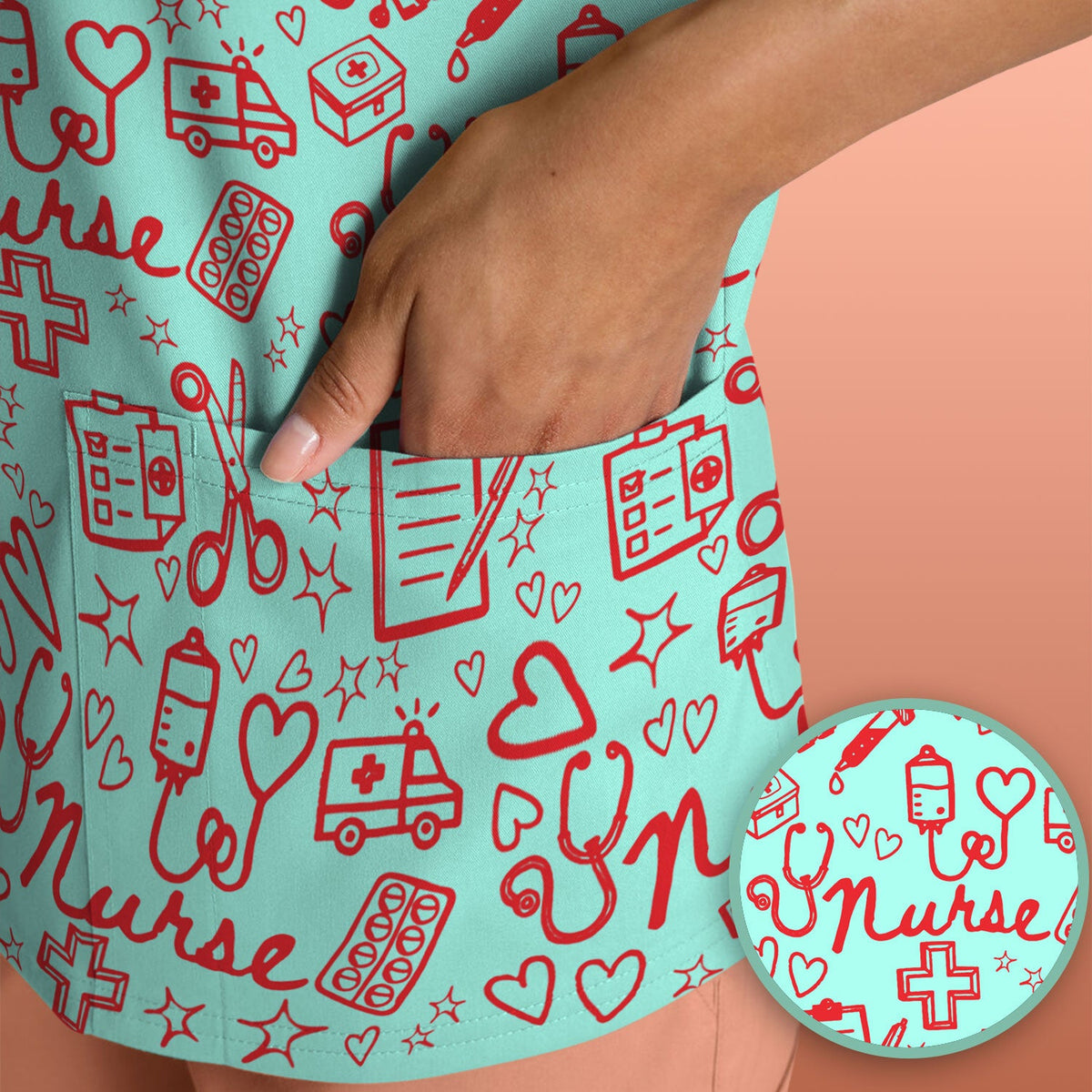 Cute Nurse Heart Medical Pattern Scrub Top, Comfortable Scrubs for Nurses
