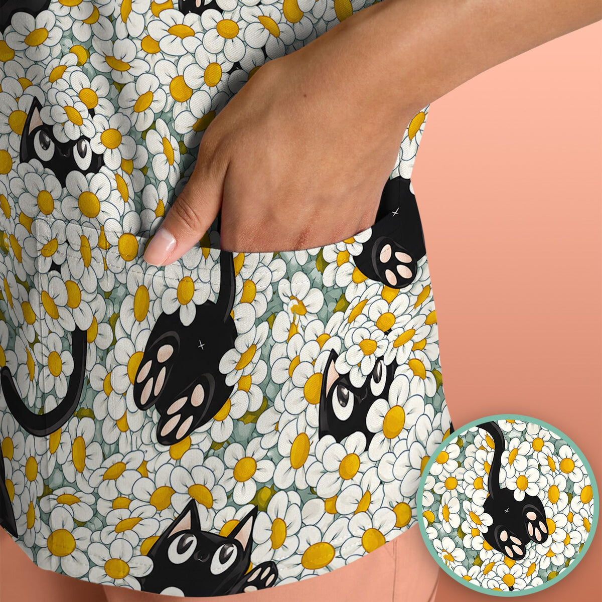 Daisy Black Cat Nurse Scrub Top