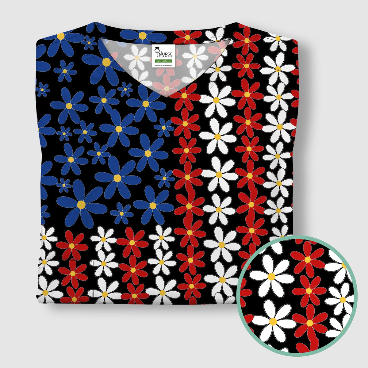 Retro Red Blue Daisy Nurse Scrub Top