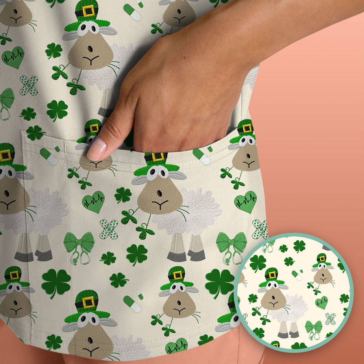 Nurse St. Patrick's Day Scrubs Top, Cute Sheep Shamrock Pattern Nurse Shirt, Breathable Fabrics Nursing Uniform