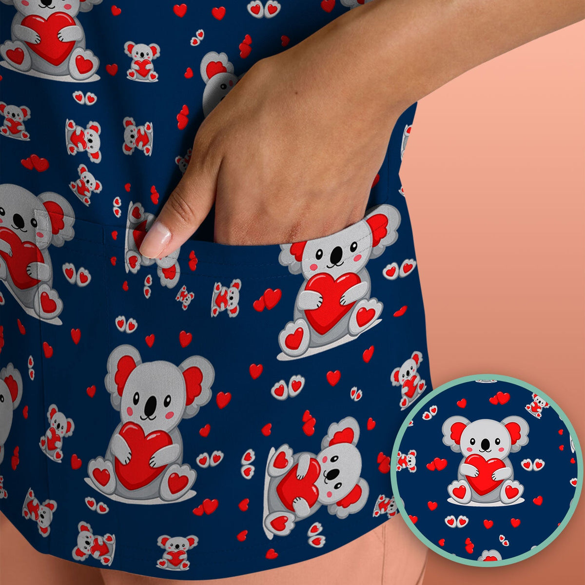 Valentine Cute Koala Heart Pattern Nurse Shirt, Comfortable Scrubs for Nurses