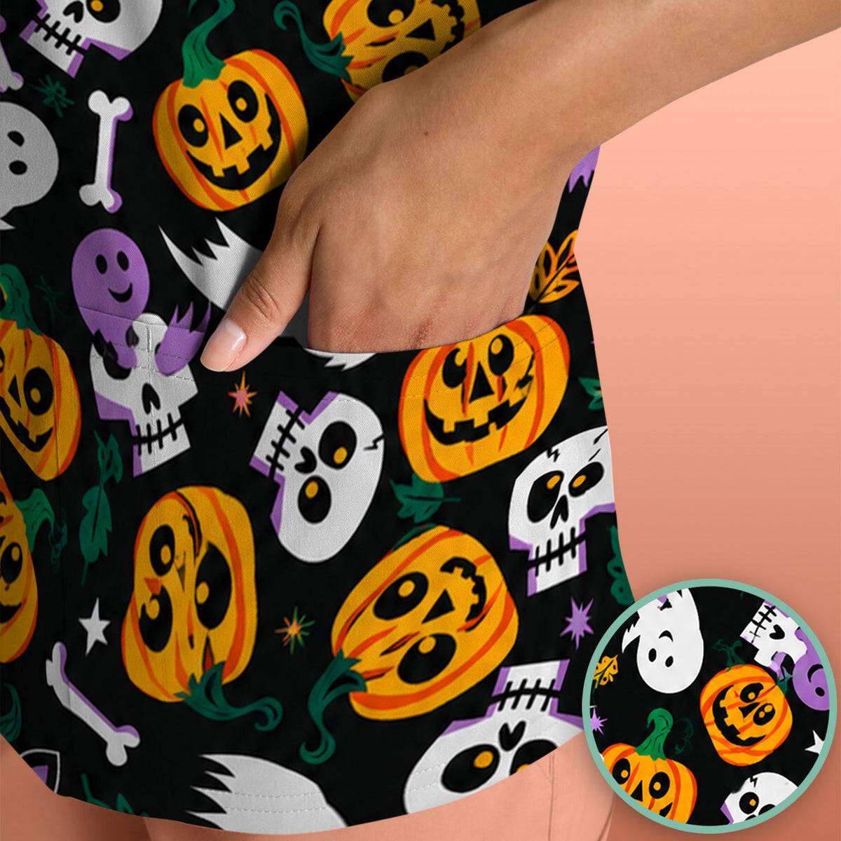Spooky Pumpkin Ghost Print Nurse Scrub Top