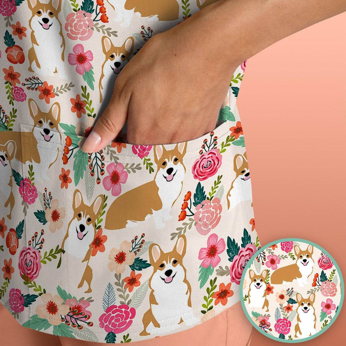 Corgi Floral Garden Nurse Scrub Top