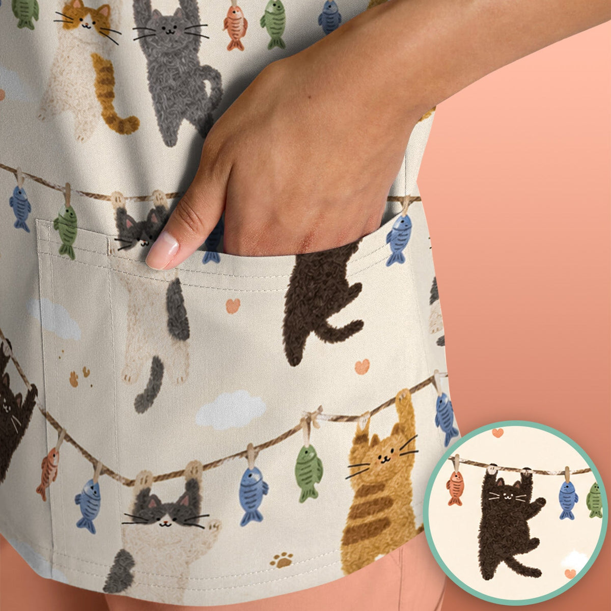 Hanging Cat Fishline Nurse Scrub Top