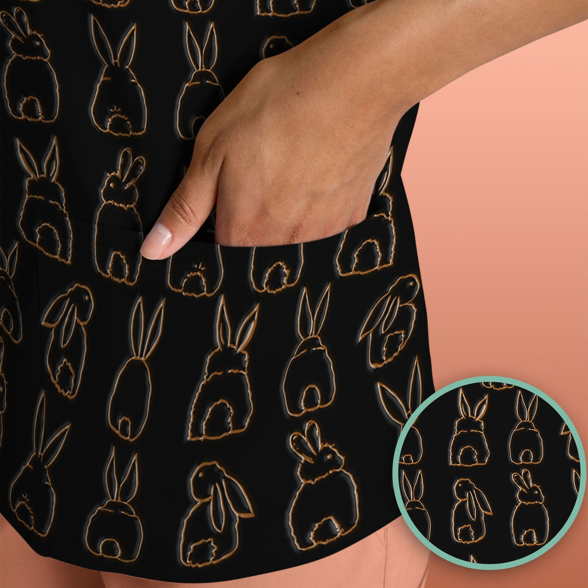 Cartoon Bunny Line Art Nurse Scrub Top - Easter Gift