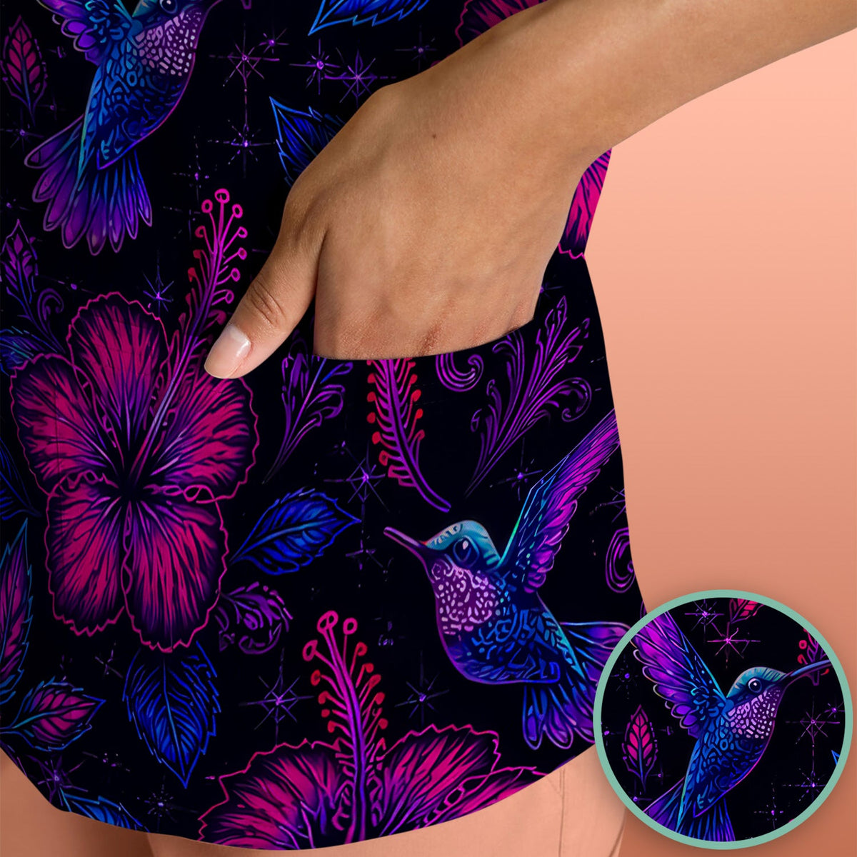 Tropical Hummingbird Hibiscus Floral Nurse Scrub Top