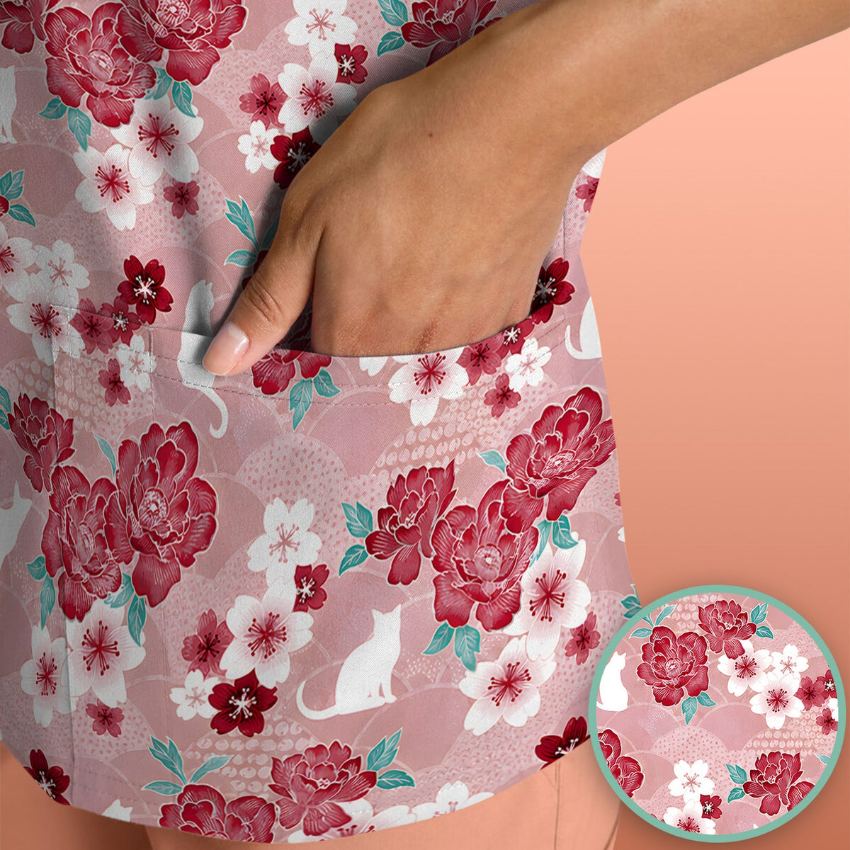 Floral White Cat Nurse Scrub Top