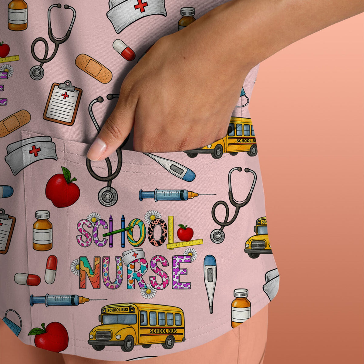 School Bus Stethoscope Nurse Scrub Top