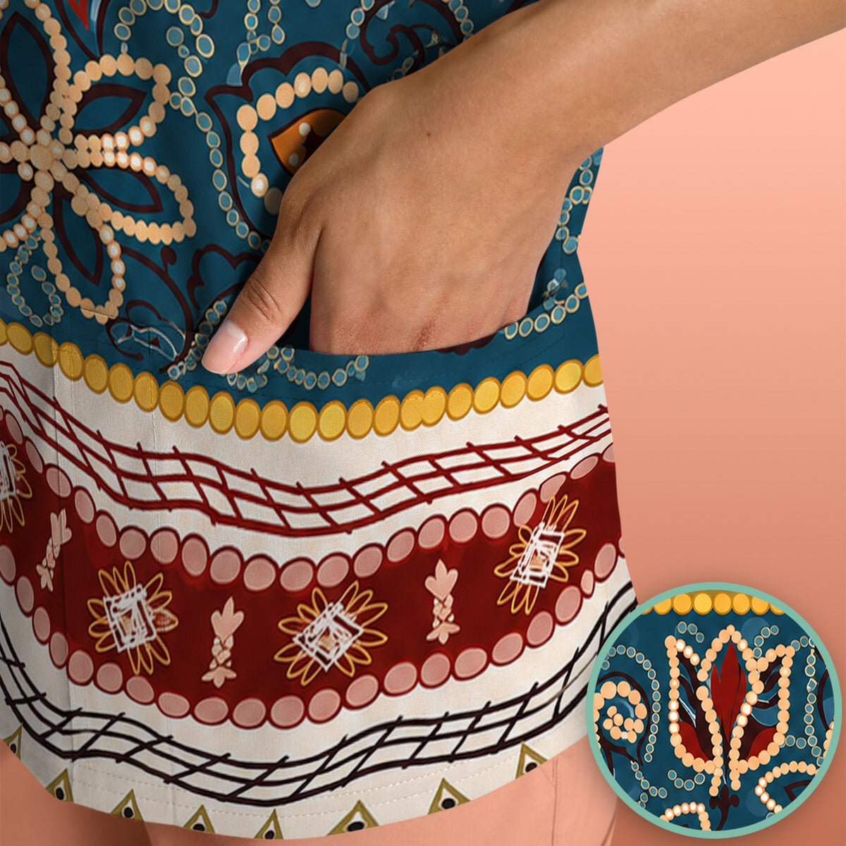 Boho Paisley Floral Stripe Nurse Scrub Top