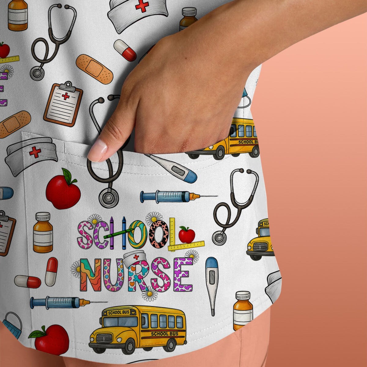 School Bus Stethoscope Nurse Scrub Top
