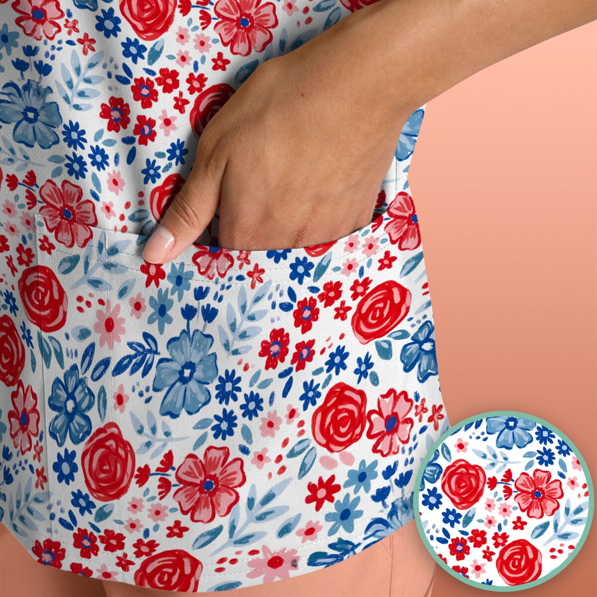 Red Blue Floral Garden Blossom Nurse Scrub Top