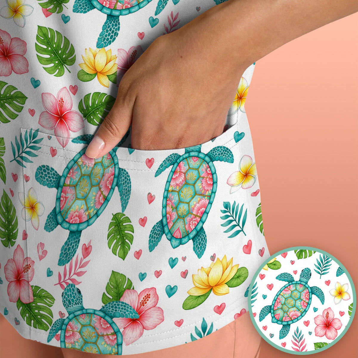 Tropical Sea Turtle Floral Nurse Scrub Top