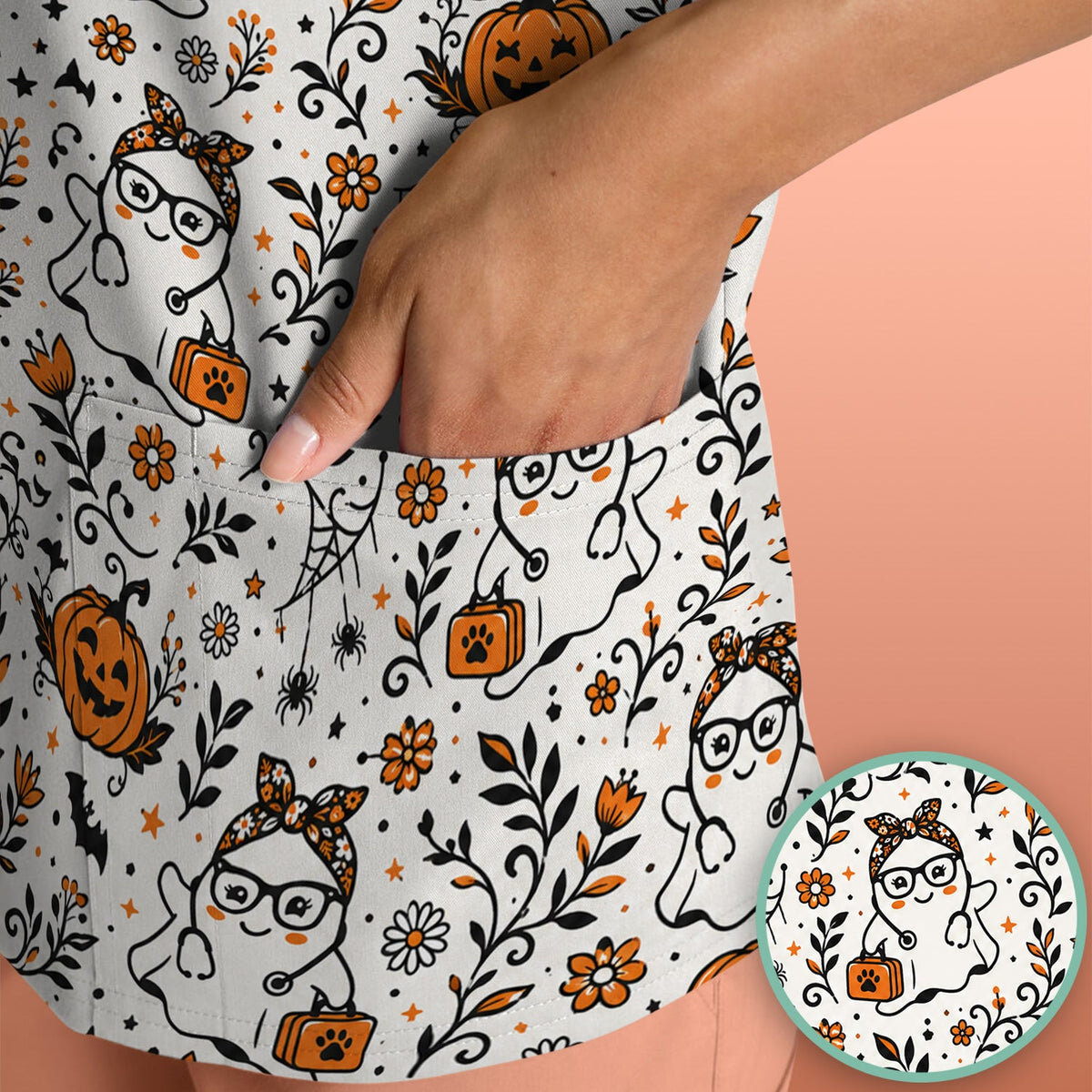 Halloween Ghost Pumpkins Nurse Scrub Top
