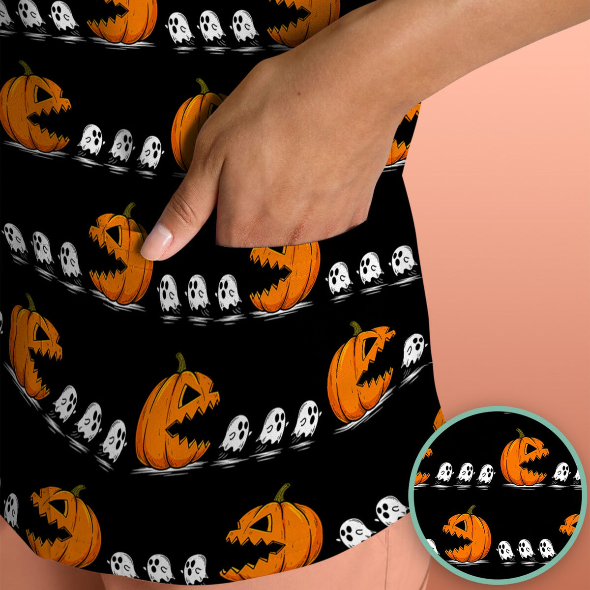 Spooky Pumpkin Ghost Nurse Scrub Top