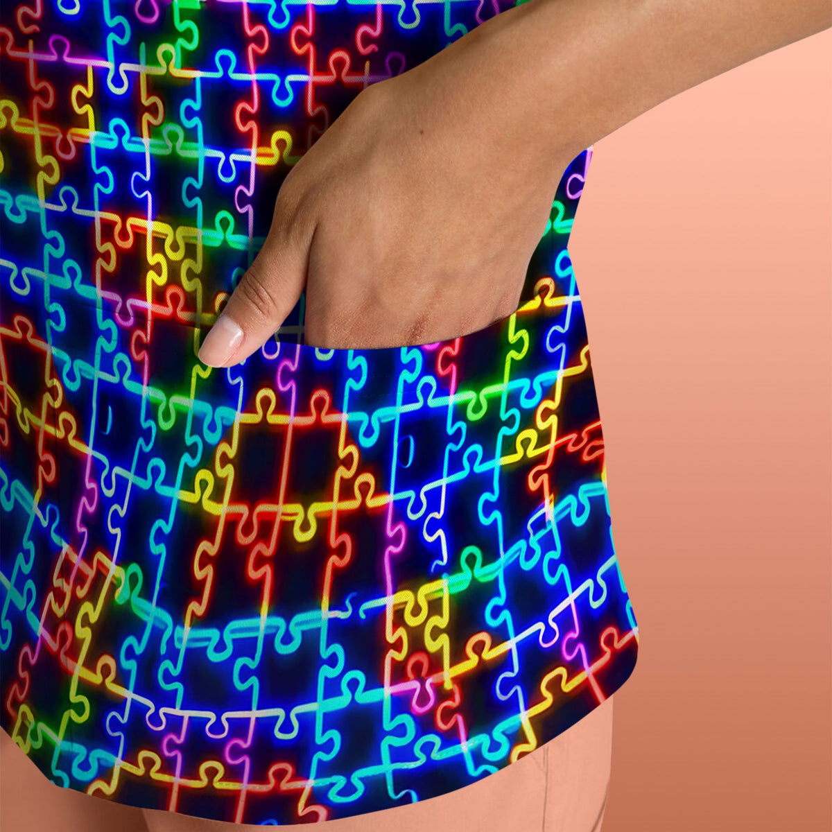 Autism Puzzle Neon Nurse Scrub Top