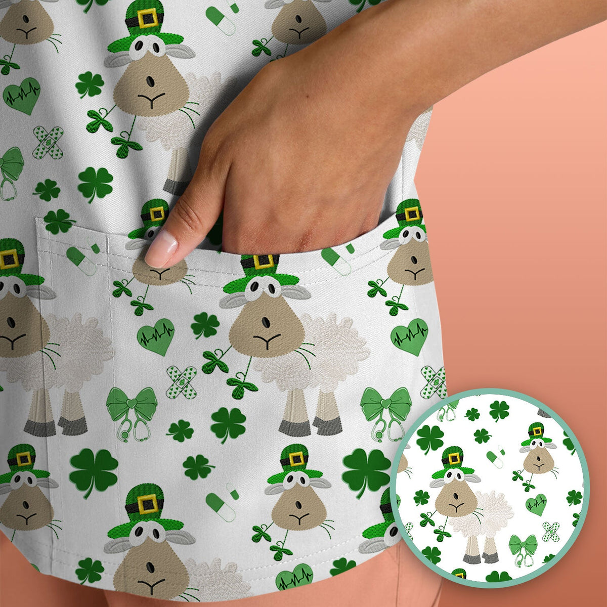 Nurse St. Patrick's Day Scrubs Top, Cute Sheep Shamrock Pattern Nurse Shirt, Breathable Fabrics Nursing Uniform