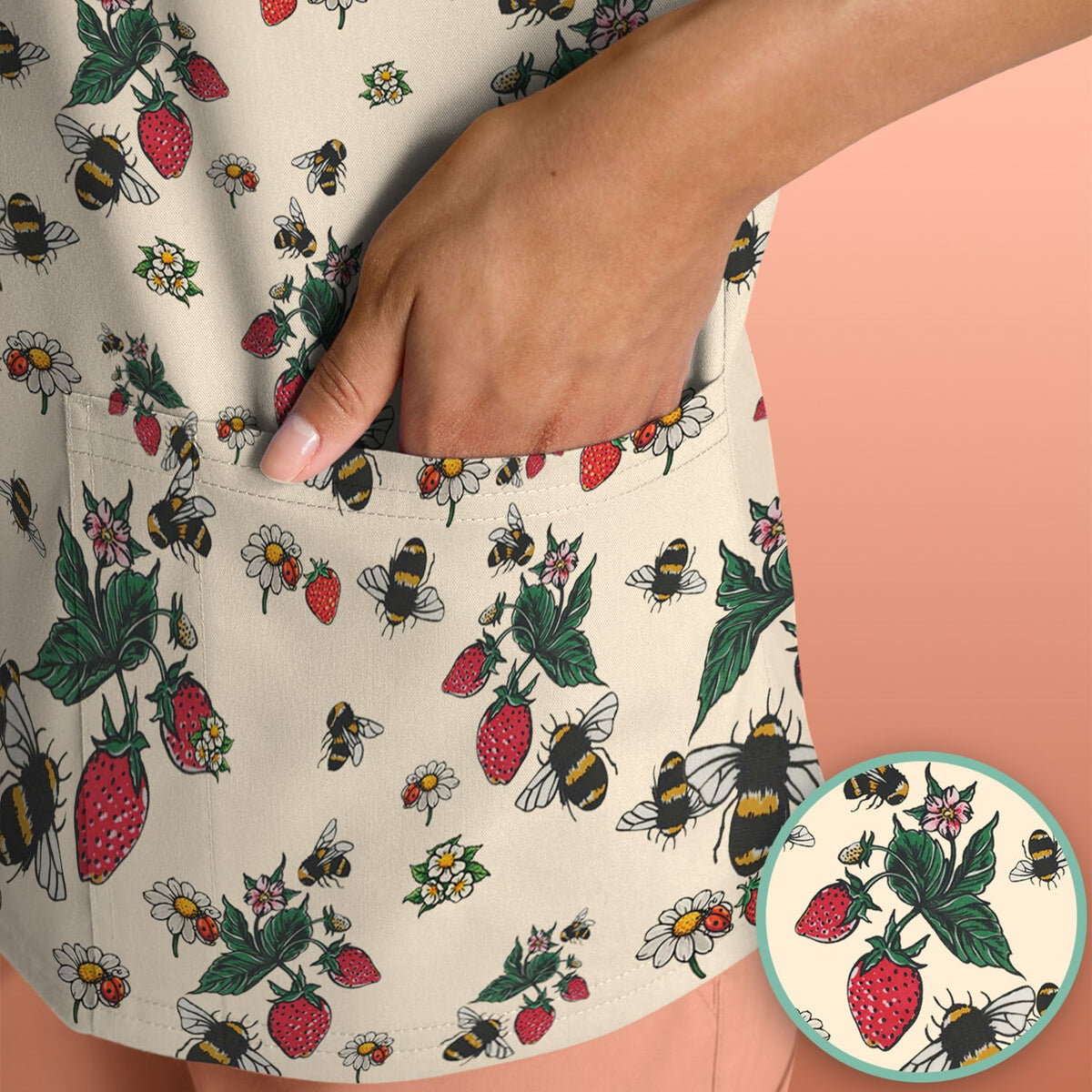 Strawberry Bee Daisy Nurse Scrub Top