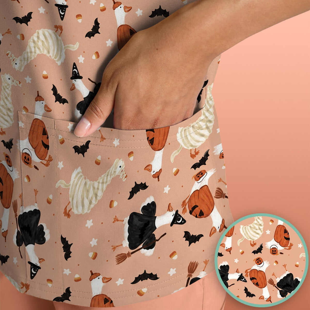 Goose Pumpkin Bat Nurse Scrub Top - Halloween Gift