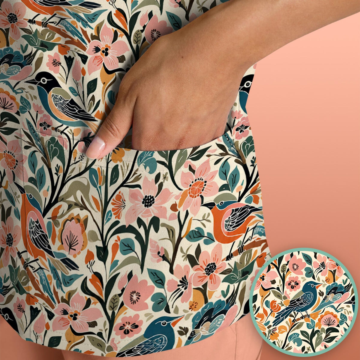 Folk Art Songbird Floral Nurse Scrub Top