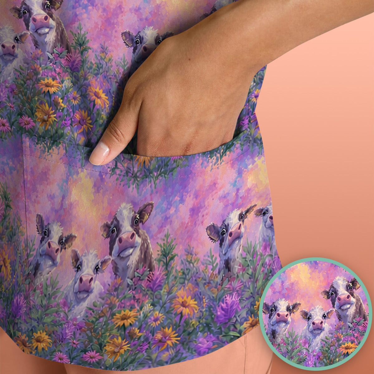 Pastel Cow Meadow Flower Nurse Scrub Top