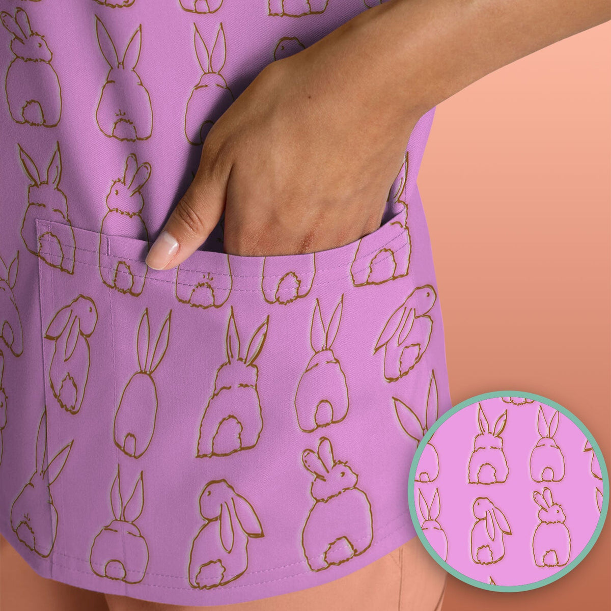 Cartoon Bunny Line Art Nurse Scrub Top - Easter Gift