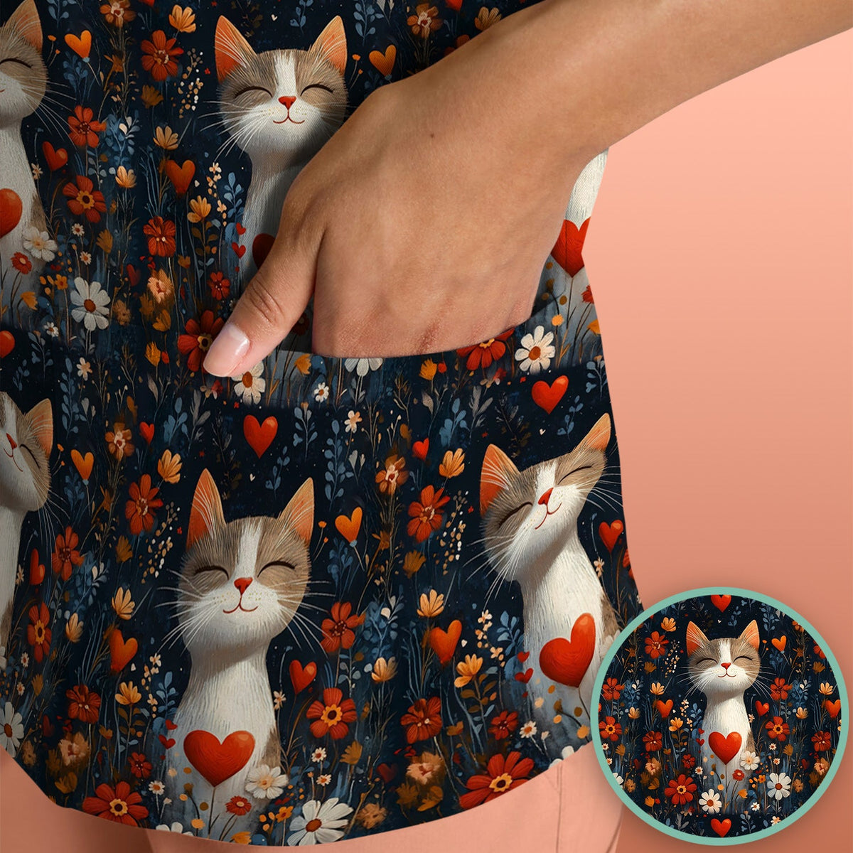 Cat Heart Floral Garden Nurse Scrub Top